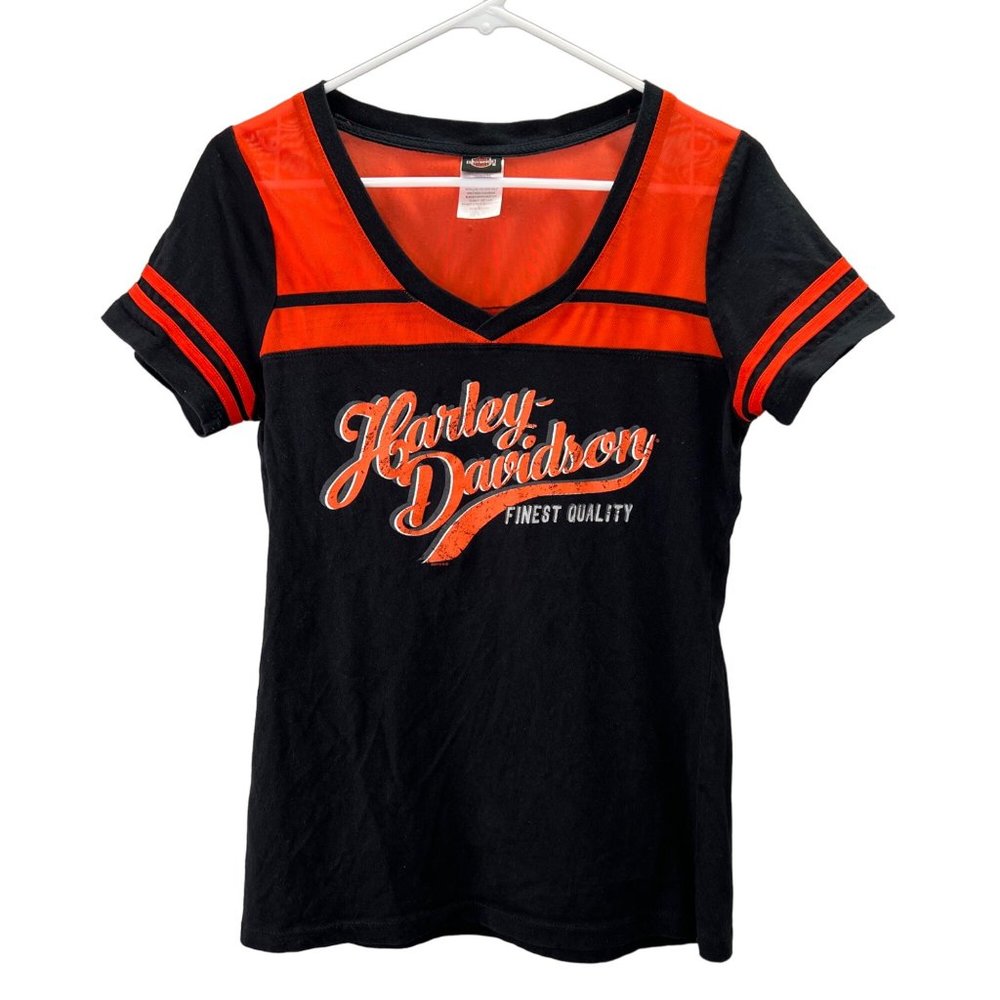 Harley Davidson T Shirt L Women Black Orange Indianapolis IN Skull Mesh Graphic